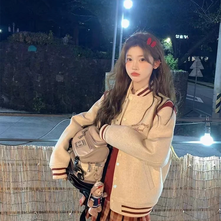 棒球服外套女2024新款美式复古刺绣撞色毛呢夹棉休闲百搭字母上衣