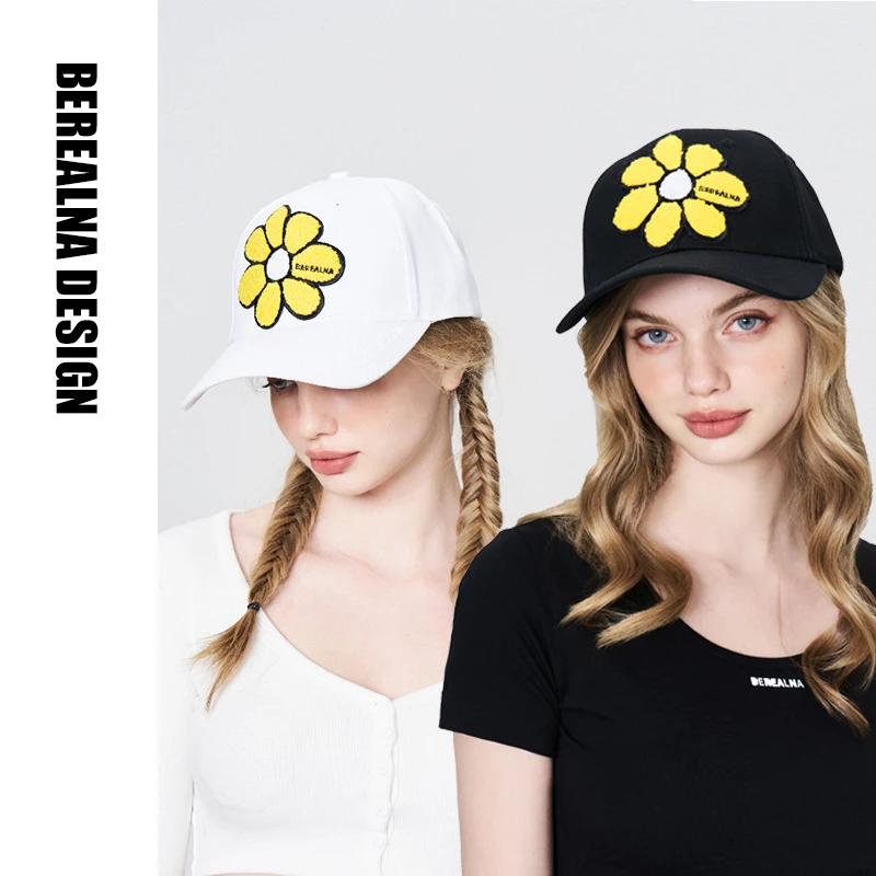 berealna design雏菊刺绣硬顶棒球帽花朵装饰可调节显脸小鸭舌帽