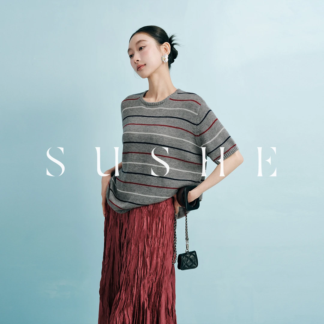 束皙SUSHE美式复古风撞色时尚宽松气质羊毛混纺针织短袖上衣女