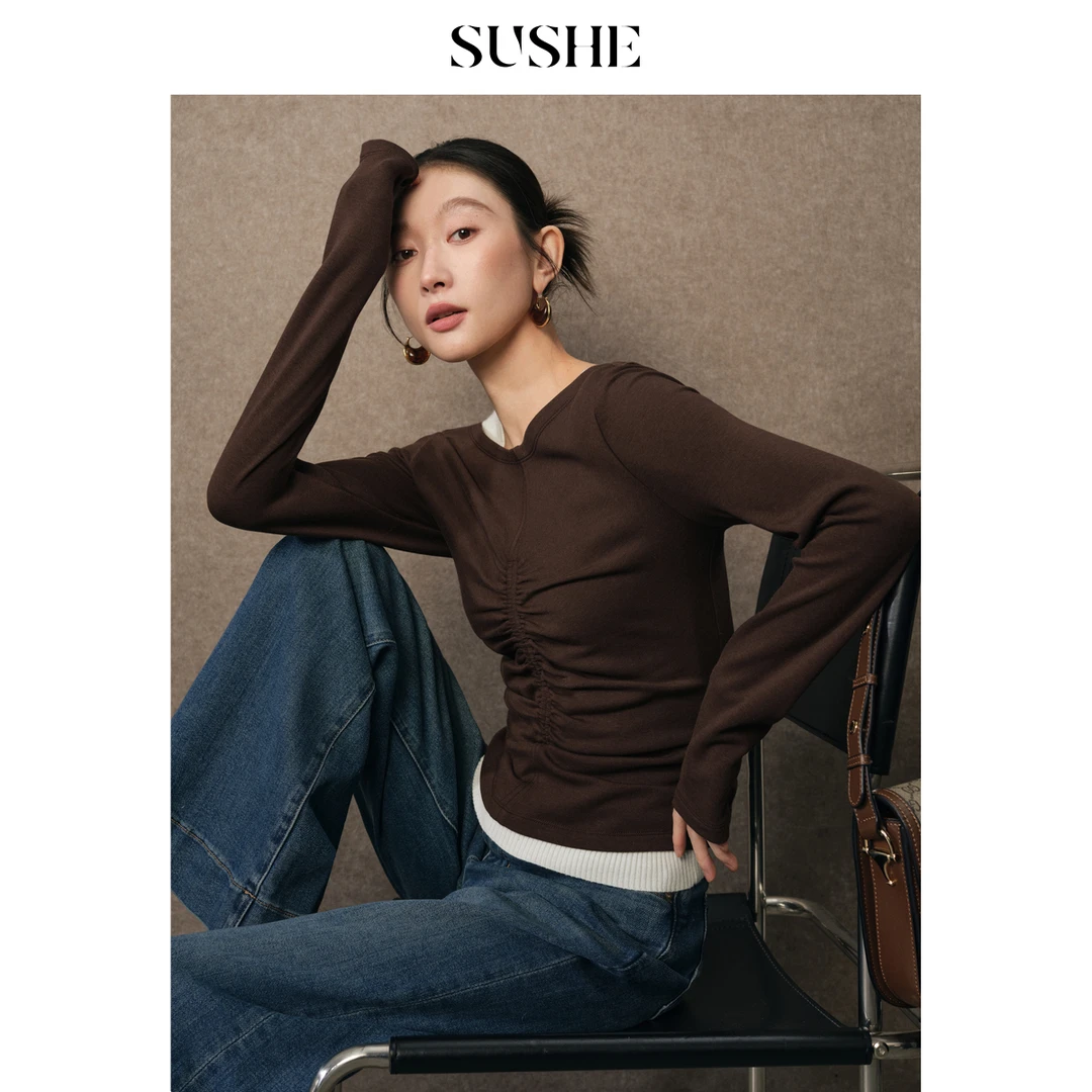 SUSHE 聆悠 美拉德 高支棉抽褶收腰修身短款打底宽松长袖T恤