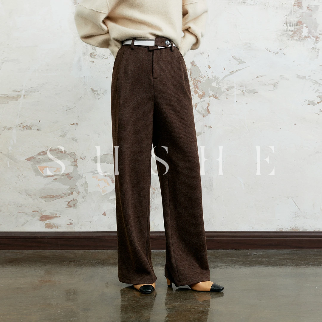 束皙SUSHE冬日bi入垂坠柔顺好打理热力感翻折腰头宽松阔腿裤女