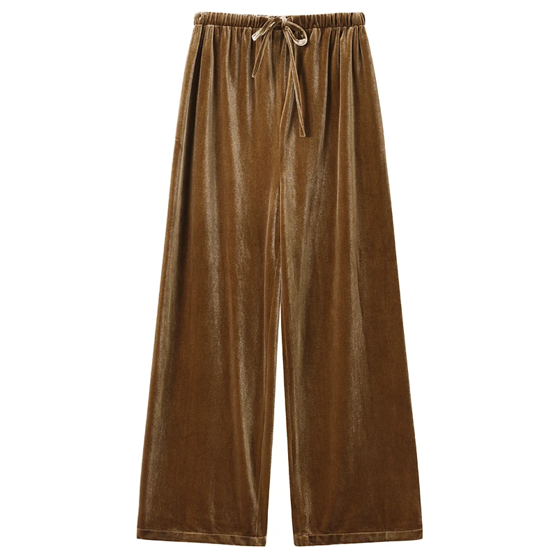 束皙SUSHE复古奢华丝绒垂坠松紧腰系带宽松阔腿裤裤子
