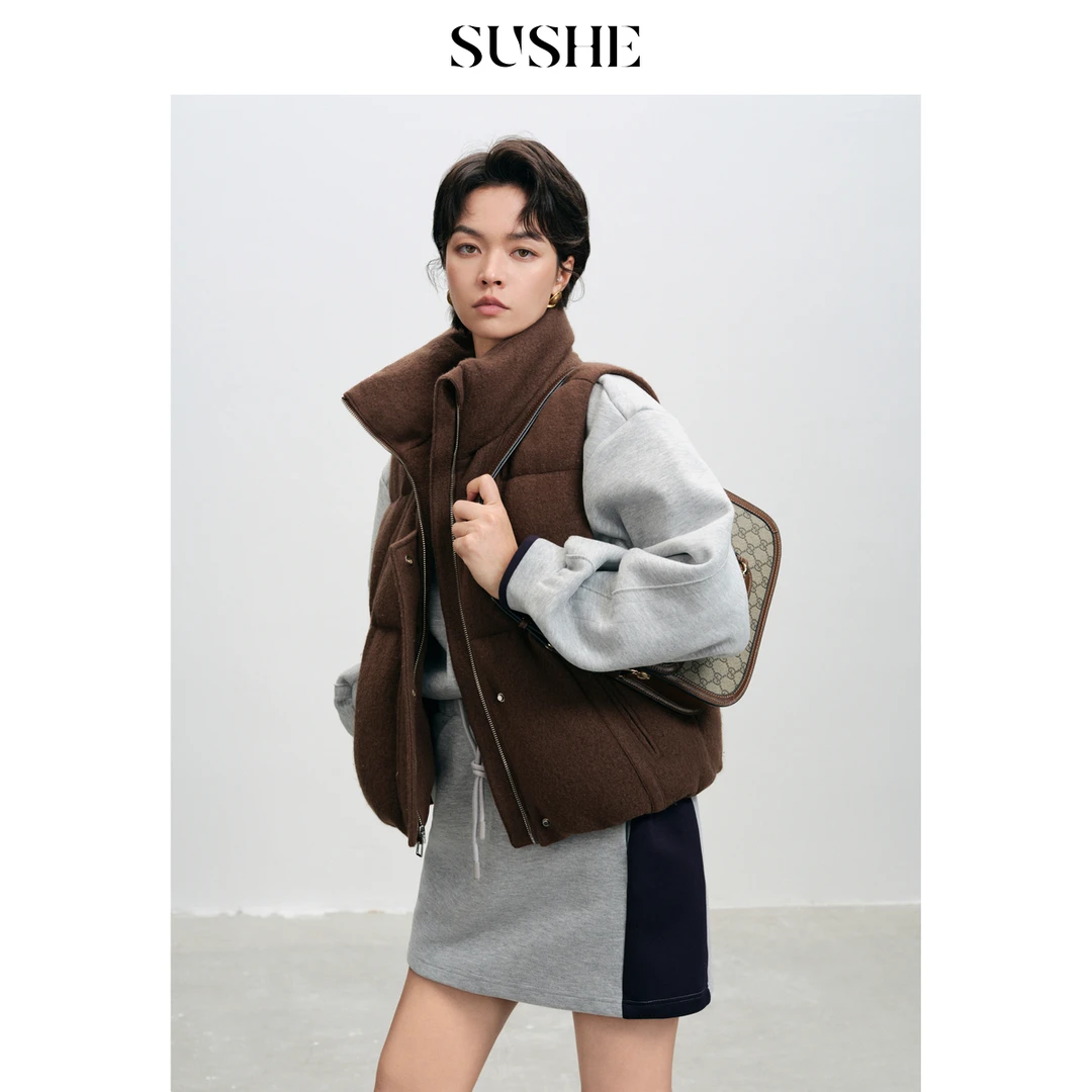 束皙SUSHE 空境  复古美拉德 90白鸭绒蓬松立领加厚保暖羽绒马甲