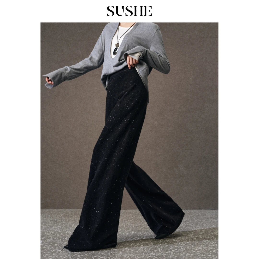 束皙SUSHE 星捻 懒人出街纯羊毛松紧腰卷边垂坠直筒长裤针织裤女