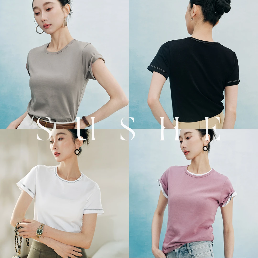 束皙SUSHECE风经典小飞袖撞色打底半袖夏季显瘦内外时尚短袖T恤