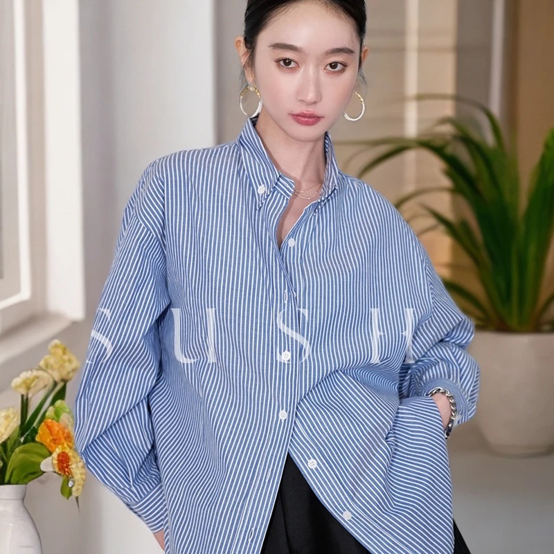 洋气束皙SUSHE小众设计感通勤法式衬衣蓝色条纹衬衫女休闲春夏