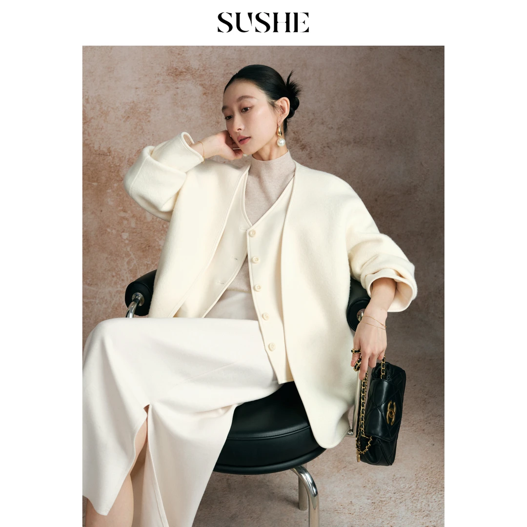 束皙SUSHE 芷念 意式老钱风 重磅双面呢假两件毛呢外套女