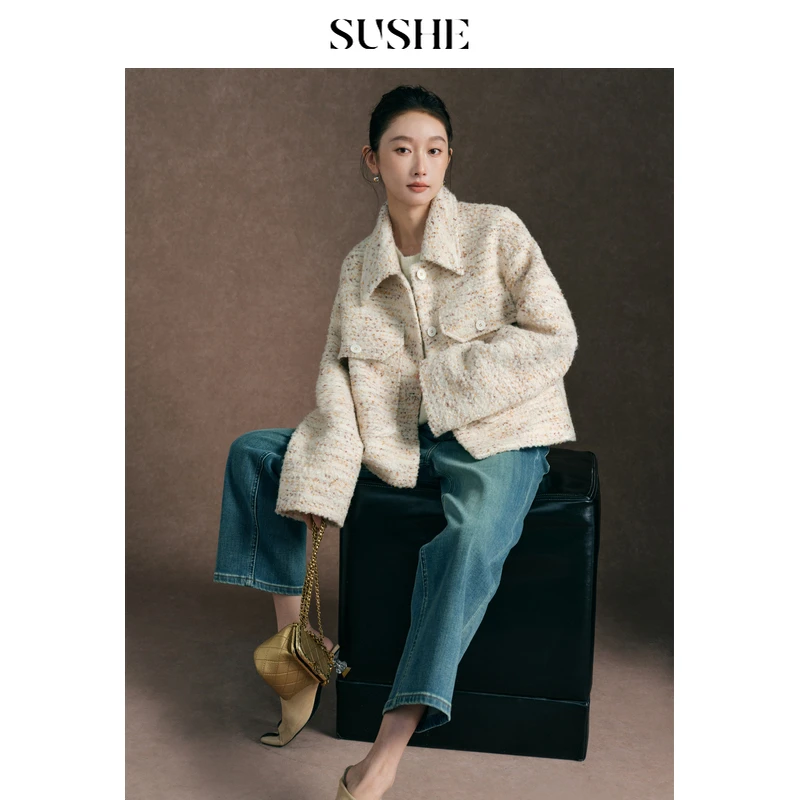 束皙SUSHE 池雨 混色圈圈纱翻领宽松廓形短款夹克毛呢休闲大衣