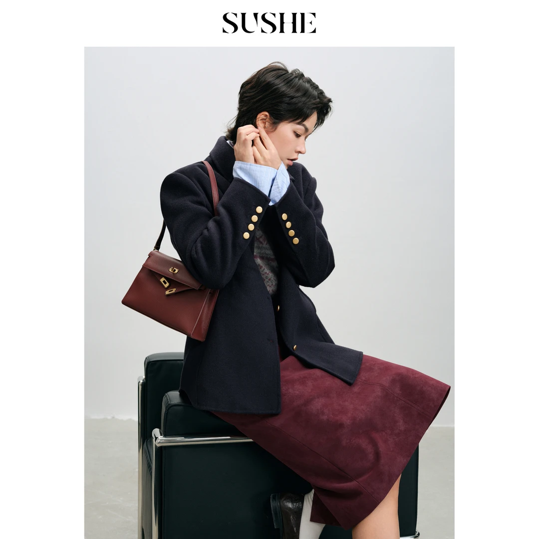 束皙SUSHE音荼知识分子风 绵羊毛宽松短箱型翻领双面呢外套女秋冬
