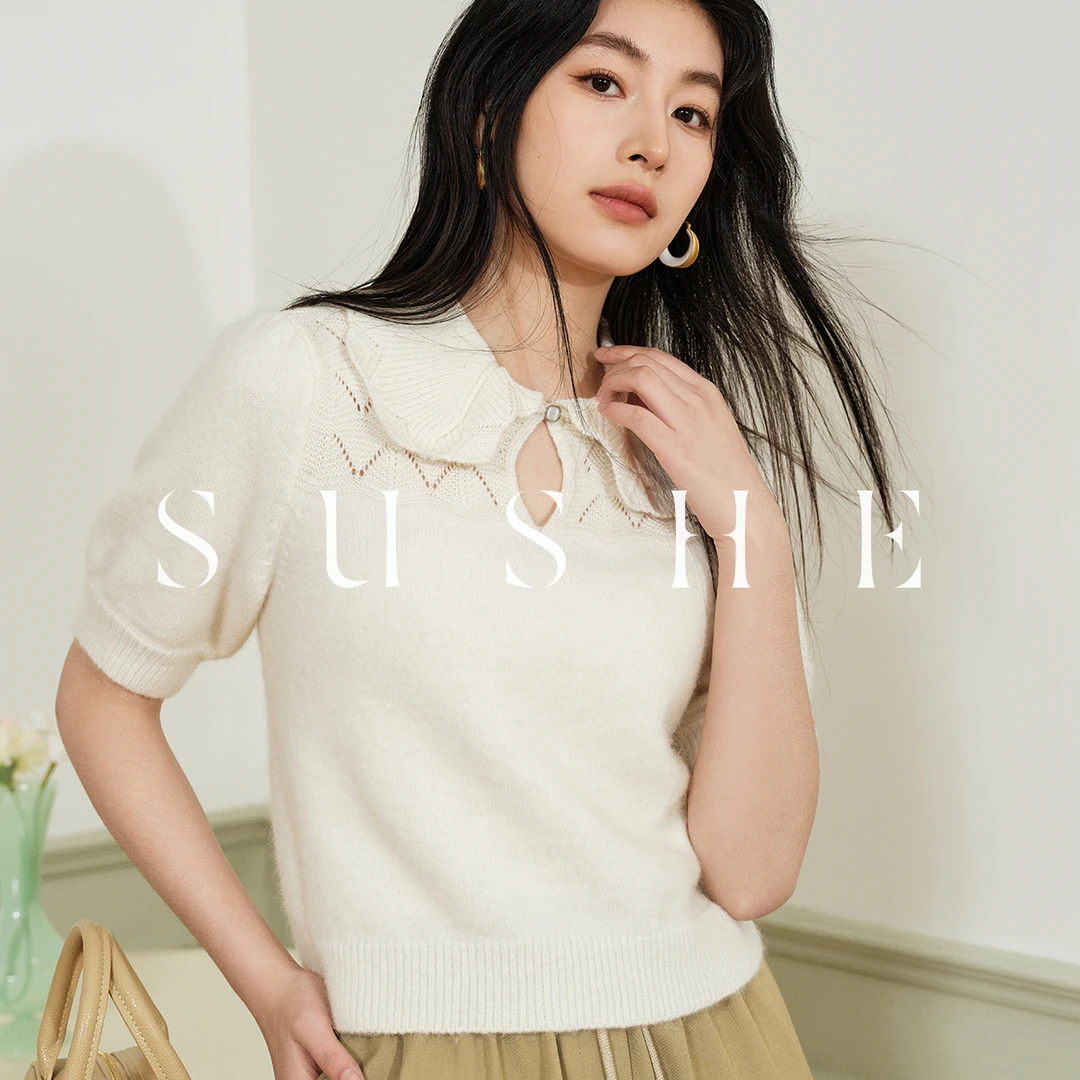 束皙SUSHE柔软绵棉花糖系列夏季镂空娃娃领圆领短袖针织短上衣女