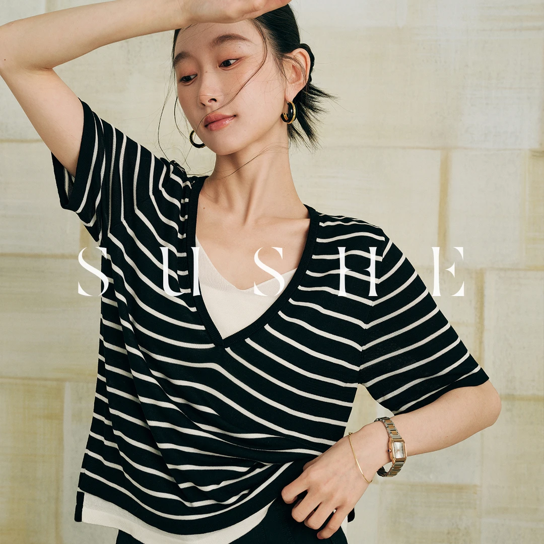 束皙SUSHE夏日冰爽莱赛尔天丝黑白撞色条纹内衬假两件短袖百搭