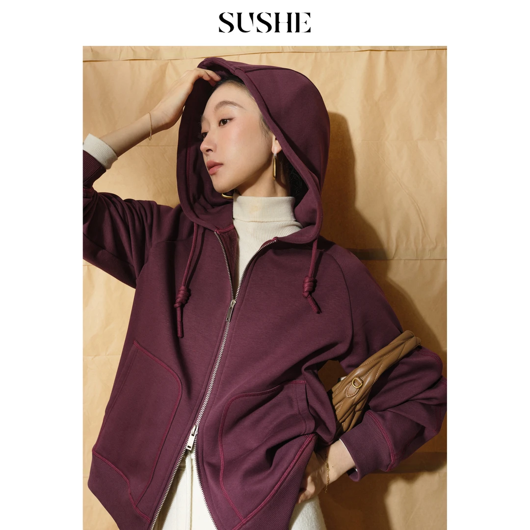 束皙SUSHE 野蔷薇 实穿主义 针织连帽双头拉链廓形卫衣外套女秋冬
