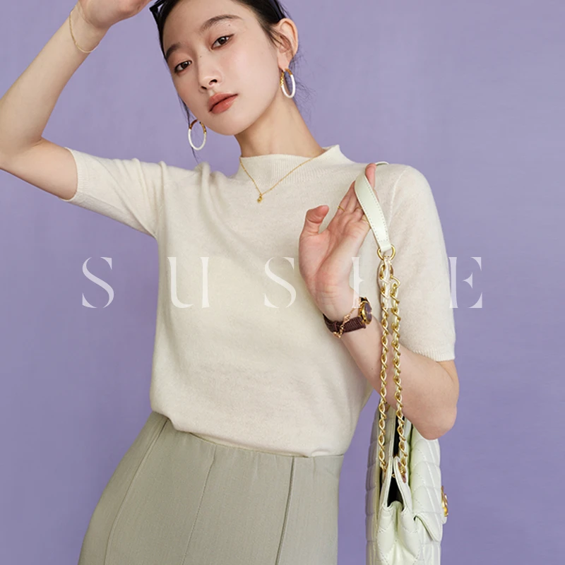 束皙SUSHE经典优雅通勤半高领中袖绵羊毛针织打底衫女内搭上衣