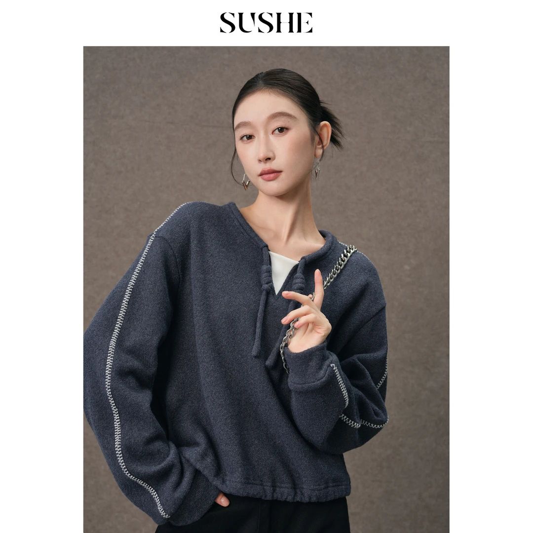 束皙SUSHE 绘澜 2025早春新款杂色肌理拼接抽绳收腰假两件卫衣女