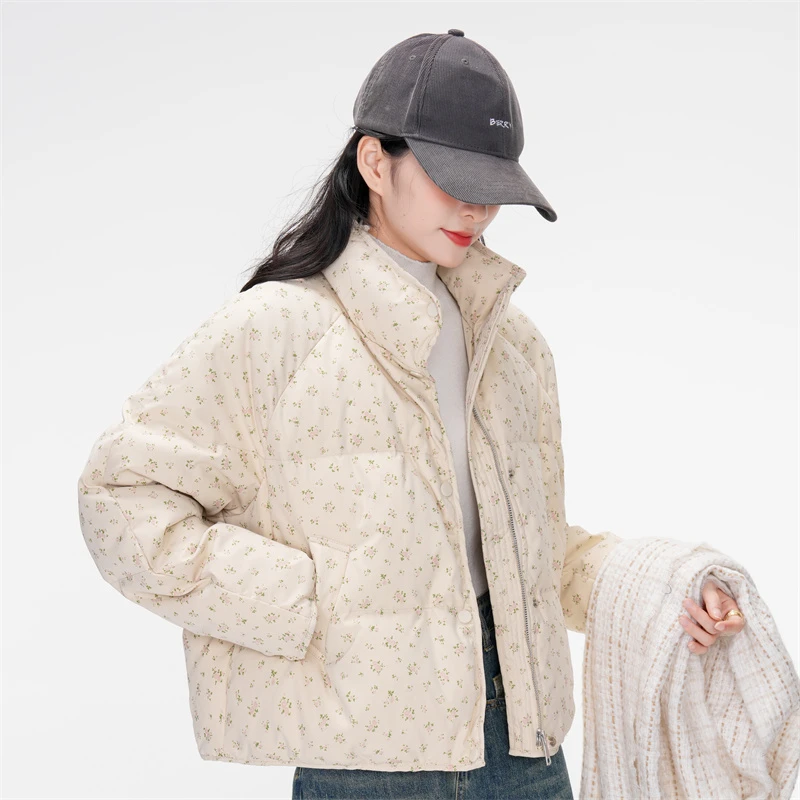 Mandsibil曼德西比利小碎花羽绒服女短款立领小个子白鸭绒厚外套