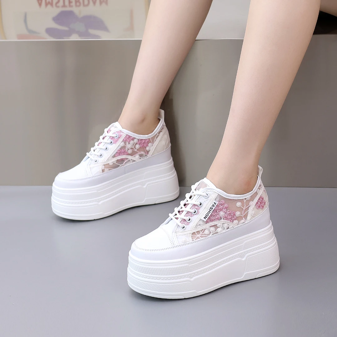 超高跟12cm内增高厚底松糕小白鞋女夏季透气蕾丝休闲鞋小个子网鞋