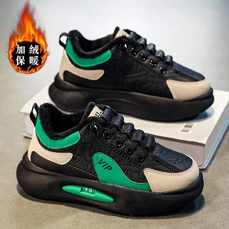 ins潮男童鞋子冬季2024新款儿童加绒二棉鞋运动鞋中大童黑色男孩