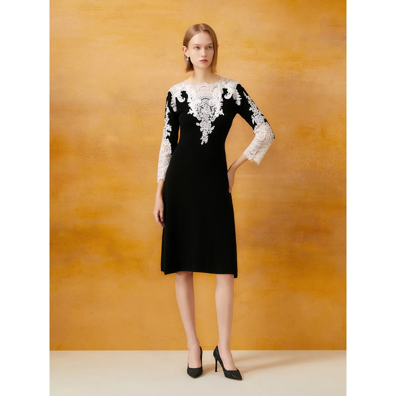 Song of Song歌中歌高贵气质黑色春季中长款毛针织衫5C34106070