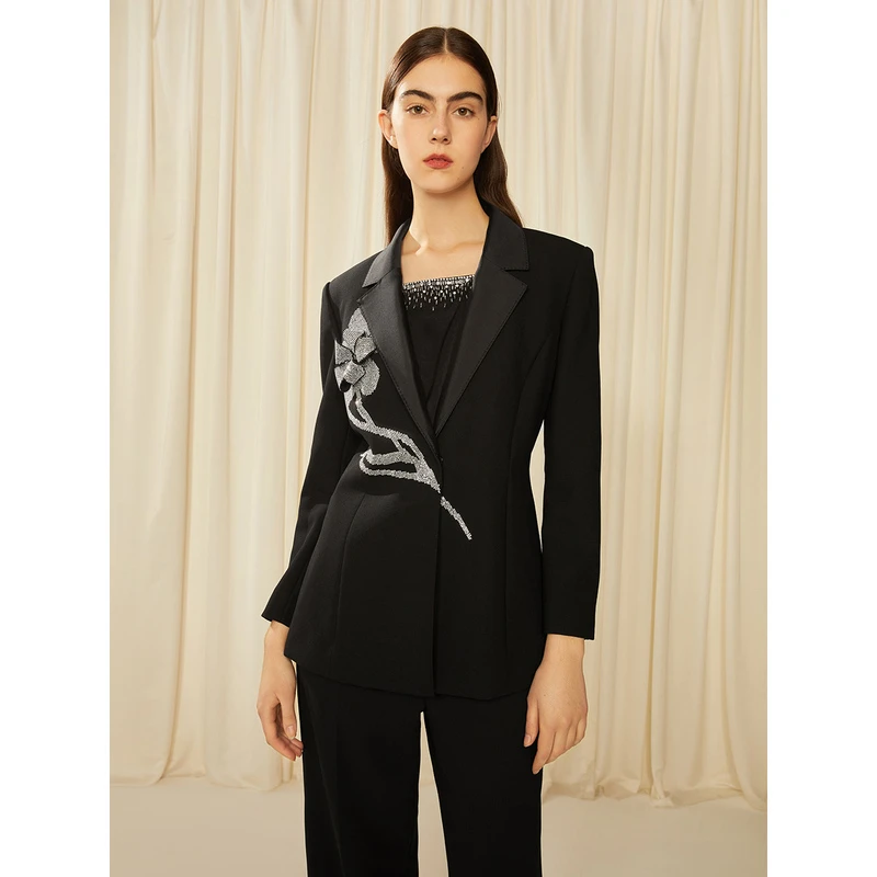 Song of Song/歌中歌黑色气质翻领刺绣通勤时尚短外套5C33110025