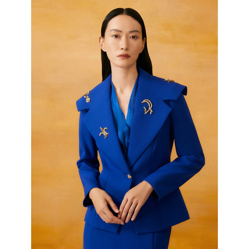 Song of Song/歌中歌气质蓝色时尚休闲复古修身女上衣5C34110065