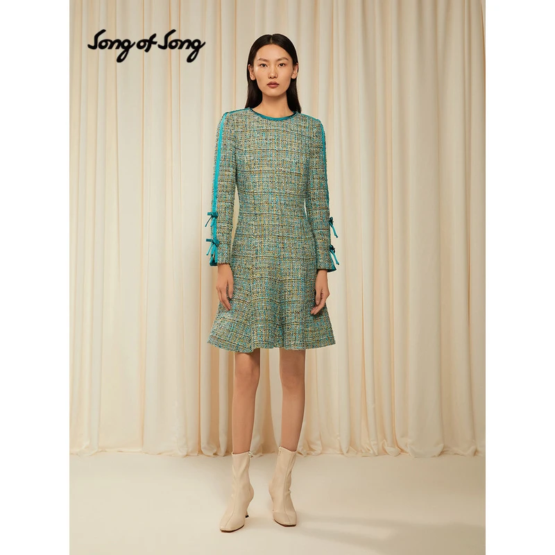 SongofSong歌中歌【多色花纱】优雅孔雀绿小香风连衣裙5C32505650