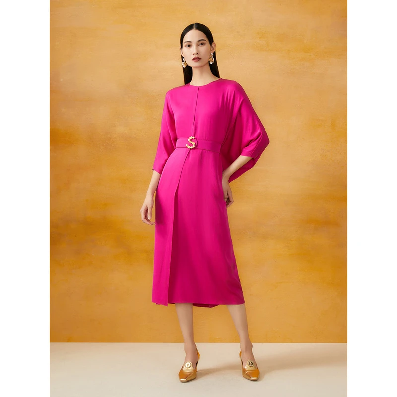 Song of Song歌中歌夏季桑蚕丝缎面玫红色收腰连衣裙5C34205450