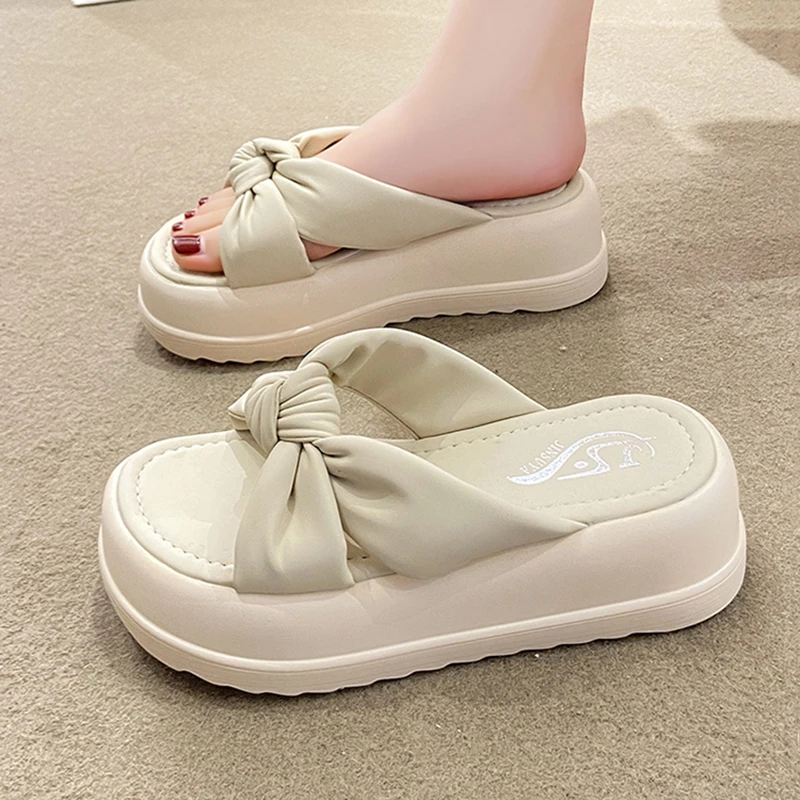 蝴蝶结拖鞋女夏季外穿厚底增高显瘦2025新款交叉百搭时尚沙滩凉拖