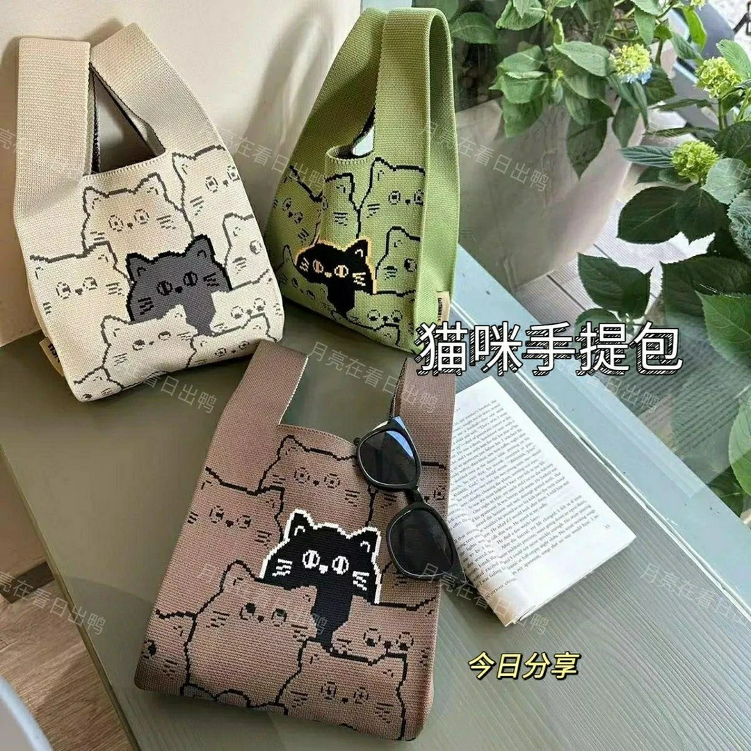 韩版复古创意猫咪毛线针织编织腋下单肩包小众创意可爱手提手腕包