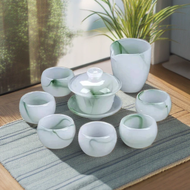 飘绿琉璃茶具套装手工家用简约茶道盖碗公道杯礼盒装分茶器办公中