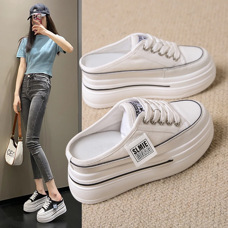 增高7CM厚底包头半拖鞋女2025年夏季爆款百搭外穿无后跟懒人鞋女