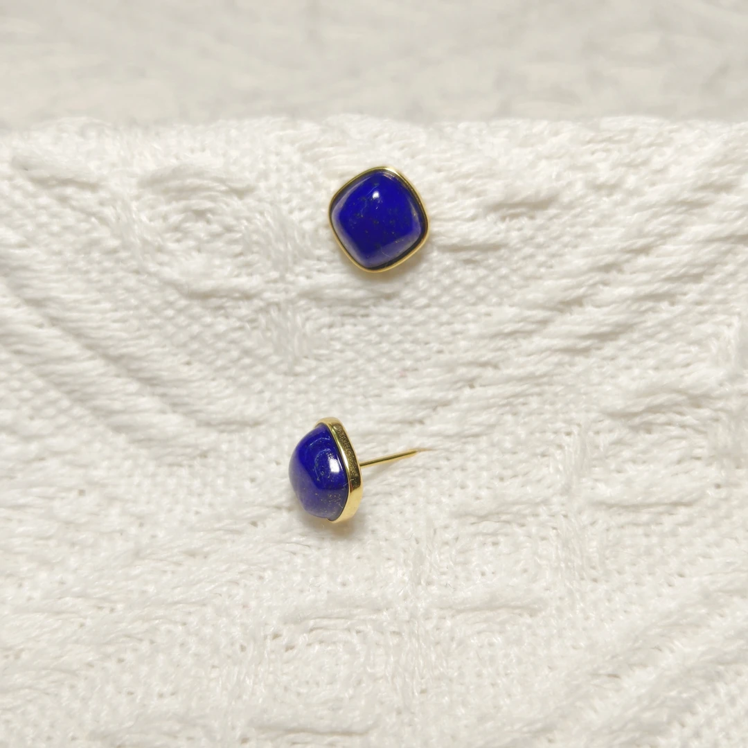 约8mm青金石方形银包镶耳钉