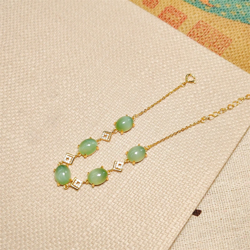 7*9mm猫眼碧玉蛋面玉五粒手链银镶手链