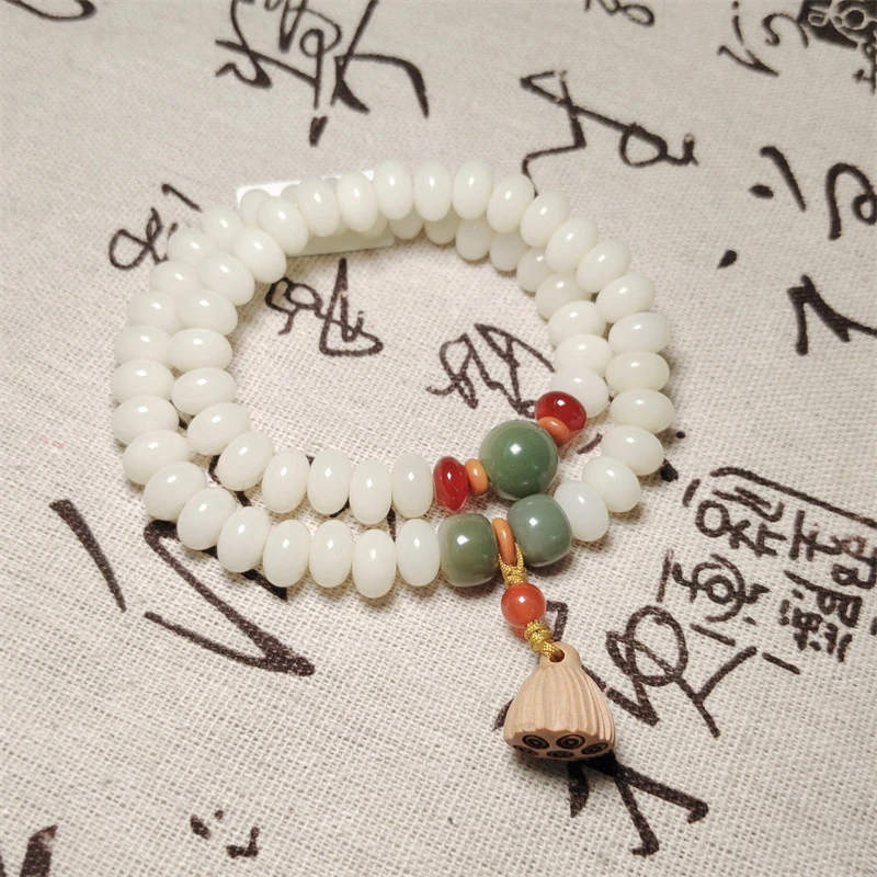 奶油黄白玉菩提算盘珠双圈DIY手串