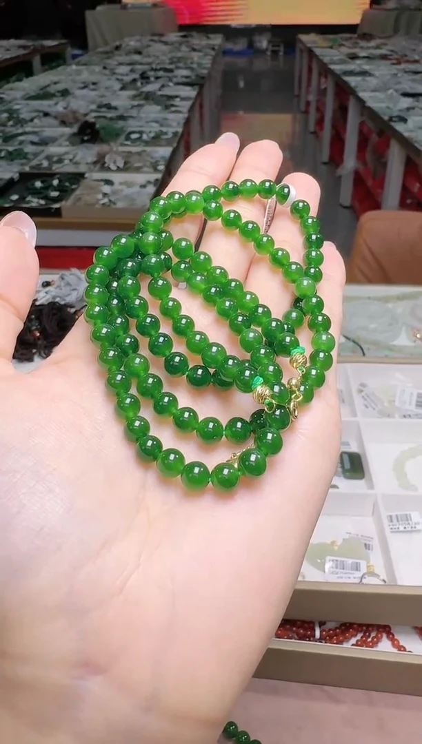 【闪购商品】和田玉项链18K金镶嵌约6mm菠菜绿碧玉圆珠项链