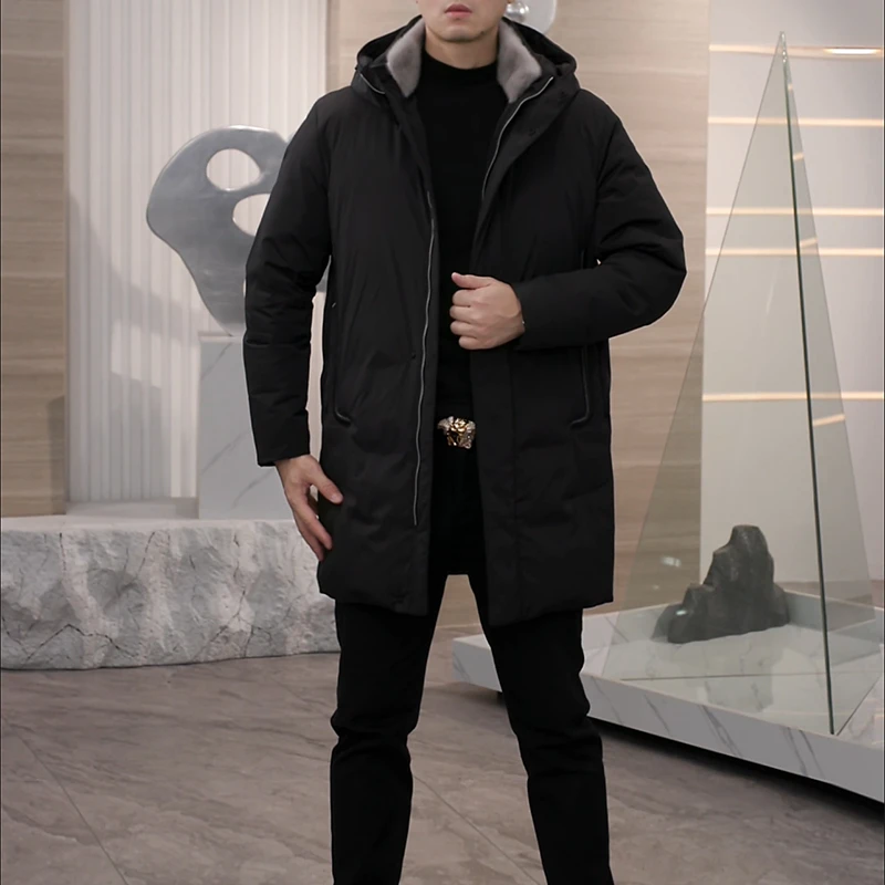 【欧卡斯】高奢可拆卸水貂毛领胎牛皮拼接超轻中长款连帽鹅绒服7616