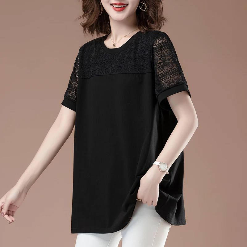 夏季新款棉宽松短袖t恤加肥加大码妈妈蕾丝遮肚显瘦中长款上衣女