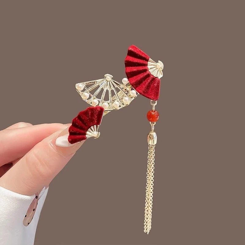 植绒珍珠流苏扇子发夹女新款侧边刘海夹前额碎发夹子鸭嘴夹发饰