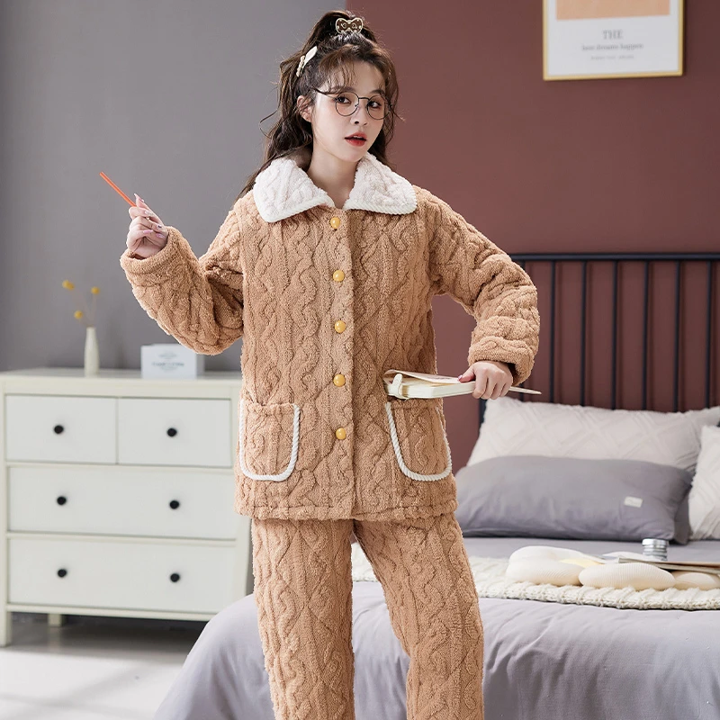 新品睡衣女冬季三层夹棉加厚可外穿简约保暖家居服法兰绒两件套装