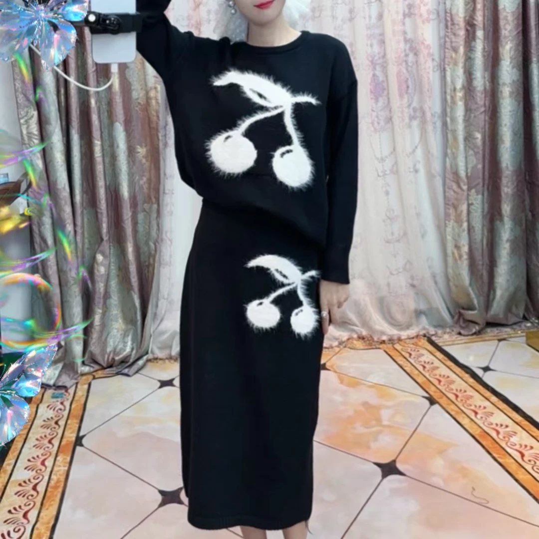 【现货现发】【套装上衣+裙子】提花针织毛衣套装轻奢气质百搭ZX8002