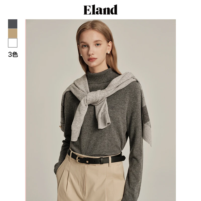 Eland防寒热力感毛衣羊毛绒混纺高领保暖后领开叉上衣EEKWD4TE02