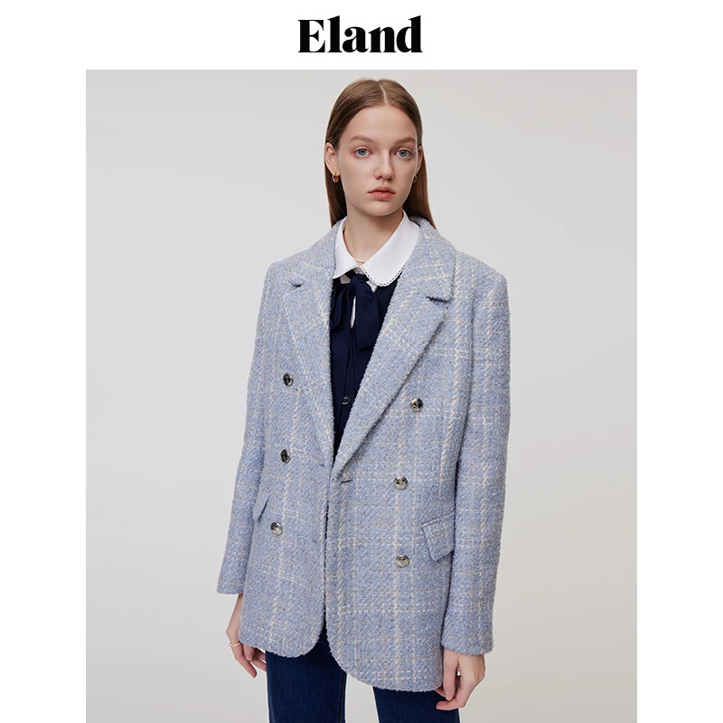 Eland衣恋毛呢西装女格纹外套千金玛德琳薄荷曼波上衣EEJKD6103I