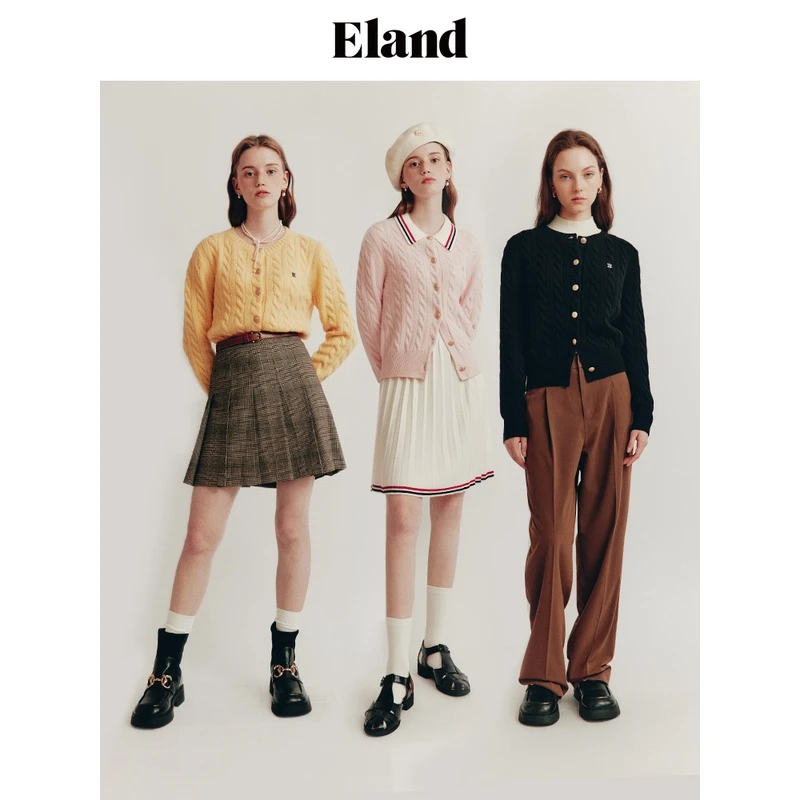【棉花糖】Eland防寒秋针织女士老钱风绞花开衫欧若风EECKD4TE01