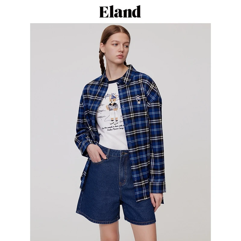 Eland衣恋热力感格子衬衫长袖宽松休闲风外套秋新款EEYCD48T1I