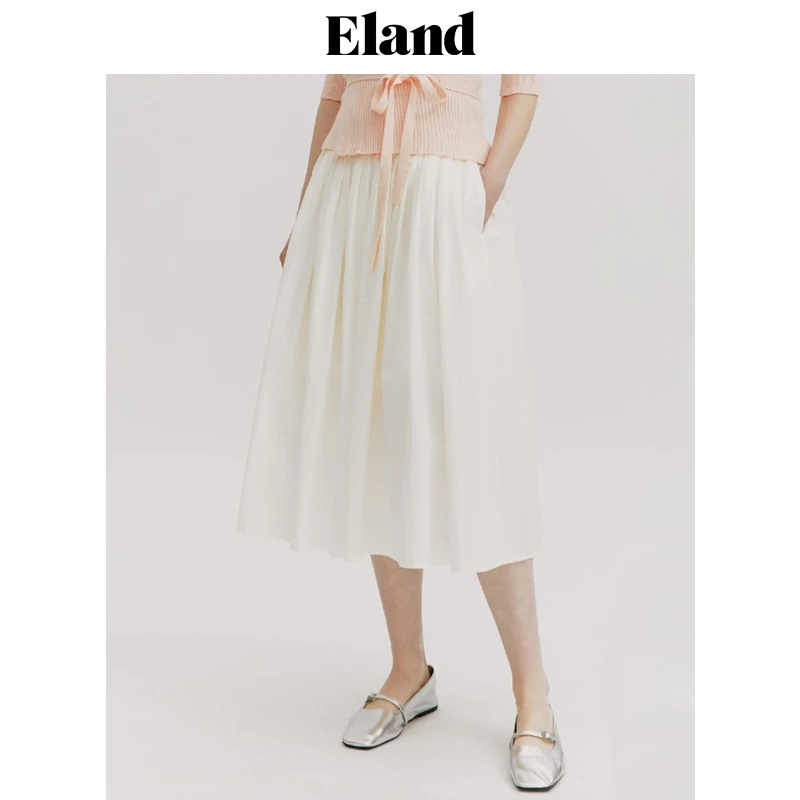 E·LAND衣恋半身裙甜美A型裙舒适百褶长裙时尚通勤穿搭EEWHE23Q92