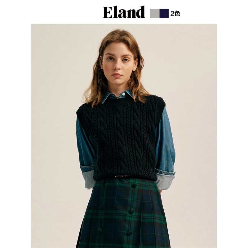 Eland衣恋复古时尚针织秋冬女圆领绞花背心上衣EEVKD49Y02