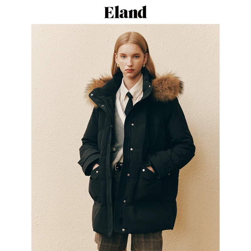 Eland防寒鹅绒羽绒服貉子毛领citywarm外套雅丹风EEJDD4T05B