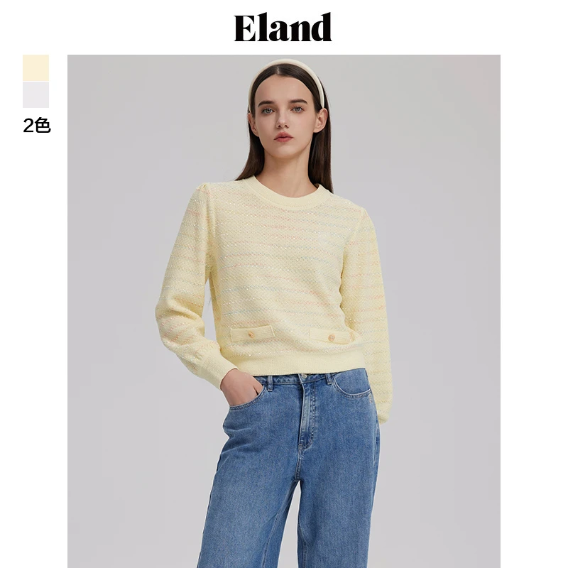Eland衣恋针织衫女小香圆领套头衫千金玛德琳薄荷曼波EEKWD12N04