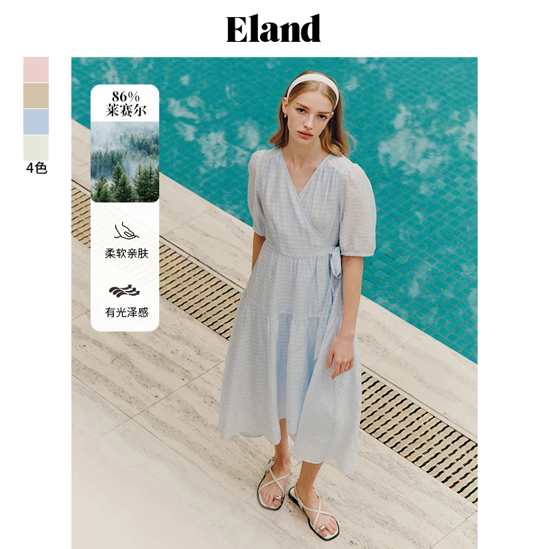 【莱赛尔】Eland衣恋度假风女士V领法式连衣裙甜美百搭风EEOWE25Q92