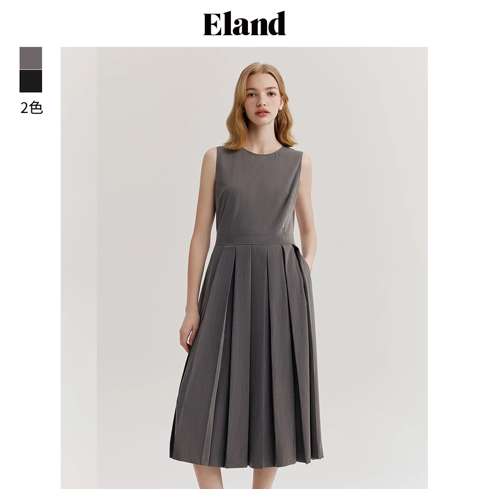 Eland衣恋气质女士无袖连衣裙女圆领百褶连衣裙日常风EEOWE24Q9A