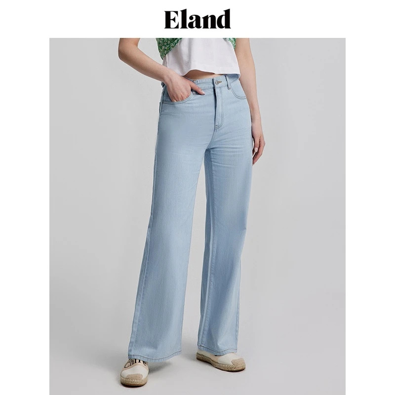 Eland衣恋牛仔裤女夏季高腰直筒阔腿裤显瘦裤女EETJD25G01